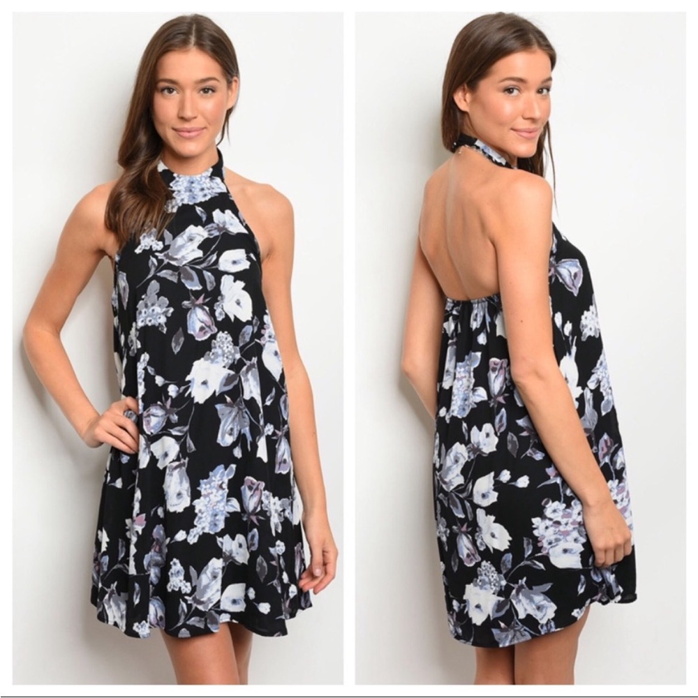 Black Floral Open Back Skater Dress - Picture 1 of 7